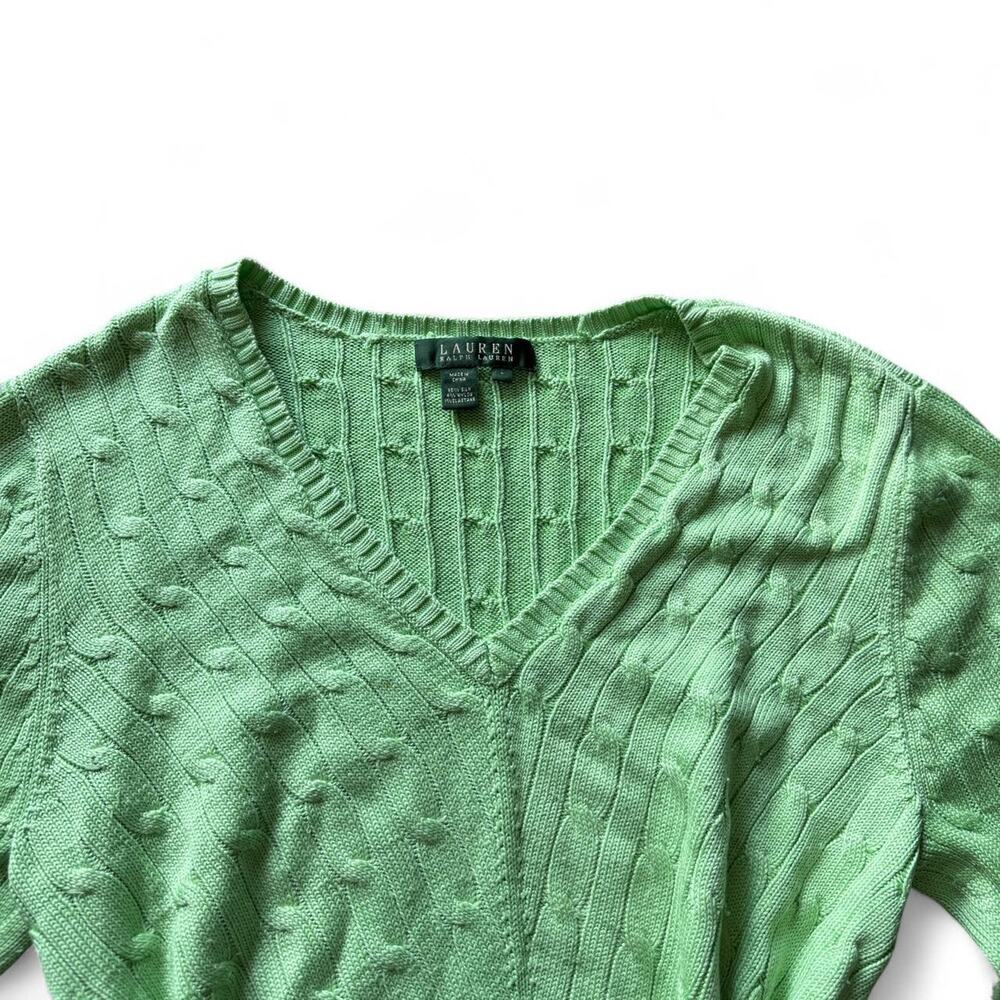 RALPH LAUREN Vintage Silk Green Cable Knit V Neck Preppy Luxury Sweater Size L - Picture 5 of 8